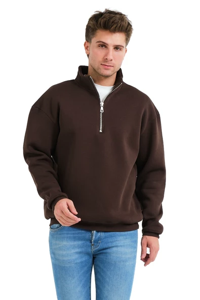 JUSTEVER Regular Fit Dik Yaka Yarı Fermuarlı Şardonlu Acı Kahve Erkek Sweatshirt - Prime