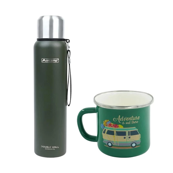 Orcamp Çelik Termos 1 Lt Yeşil OUT-5050+Emaye Karavan 180 ml Kupa OUT-1900 Yeşil ORC-068-B-Y3