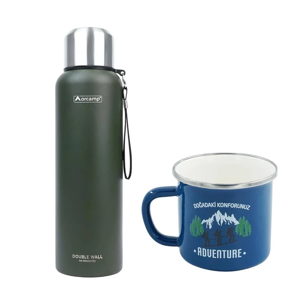 Orcamp Çelik Termos 1,5 Lt Yeşil OUT-5100+Emaye Adventure 180 ml Kupa OUT-1900 Mavi ORC-069-B-M1