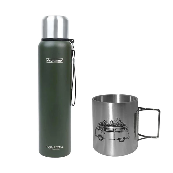 Orcamp Çelik Termos 1 Lt Yeşil OUT-5050+Orcamp Katlanır Saplı Çelik Kupa Karavan 180 ml Kupa OUT-1800 ORC-068-C2