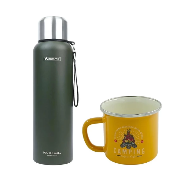 Orcamp Çelik Termos 1,5 Lt Yeşil OUT-5100+Emaye Camping 180 ml Kupa OUT-1900 Sarı ORC-069-B-S2