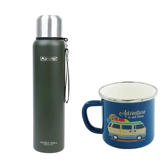 Orcamp Çelik Termos 1 Lt Yeşil OUT-5050+Emaye Karavan 180 ml Kupa OUT-1900 Mavi ORC-068-B-M3