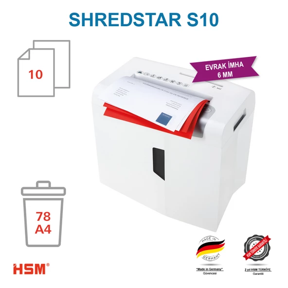 HSM SHREDSTAR S10 Evrak İmha Makinesi / Kağıt Kırpma Makinesi - CD İmha Makinesi - Düz/şerit kesim 6 mm - 18lt - 3
