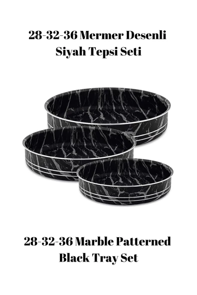 Bonera Montella 3'Lü Mermer Desenli̇ Si̇yah Tepsi̇ (28-32-36 cm)