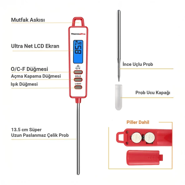 ThermoPro TP-01S LED Ekran Daldırma/Saplama Gıda Pişirme Termometresi-Beyaz - 4
