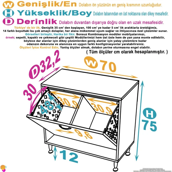 Modilayn SÖKE Banyo İçin Sihirli Kutu 70x75x32,5 cm’ lik 2 Göz Sepet Hazneli Mini Banyo Dolabı - Resim 4