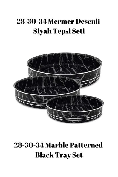 Bonera Montella 3'Lü Mermer Desenli̇ Si̇yah Tepsi̇ (28-30-34 cm)