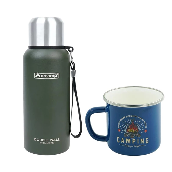 Orcamp Çelik Termos 0.50 Lt Yeşil OUT-5000+Emaye Camping 180 ml Kupa OUT-1900 Mavi ORC-066-B-M2