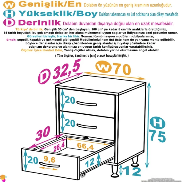 Modilayn SÖKE 3'lü Çekmece Banyo Dolabı 70x75x32,5 cm’ lik Çok Yönlü Çekmecelerle Daha Düzenli - Resim 4
