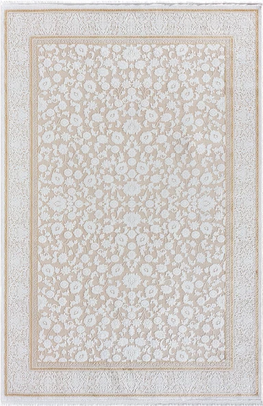 Elit El003s Krem Halı Gold Detaylı Çiçek Desenli Kenar Çerçeveli Ince Yumuşak Akrilik Tozuaz Modern 228 X 340 A.KREM-GOLD