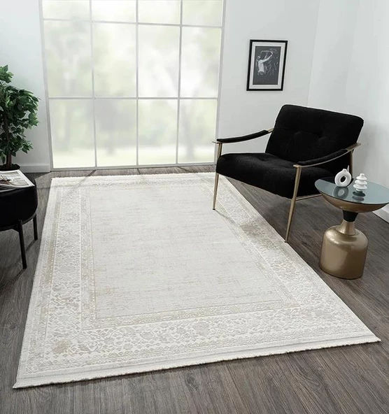 Elegance Eg002a Gri Halı Bej Detaylı Çerçeveli Modern Viskon Doğal Iplik Bambu Halı Tozu Az 116 X 180 BEJ-BEYAZ - 3