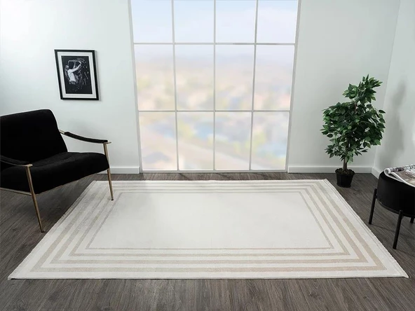 Elegance Eg003a Krem Halı Bej Kenar Çerçeveli Modern Viskon Doğal Iplik Bambu Halı Tozu Az Salon 156 X 230 KREM-BEJ - 2