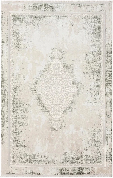 Dark Dk013y Beyaz Halı Yeşil Eskitme Detaylı Göbekli Akrilik Tozuaz Modern Salon Halısı Yatak Odası 97 X 200 A.BEJ-YESIL