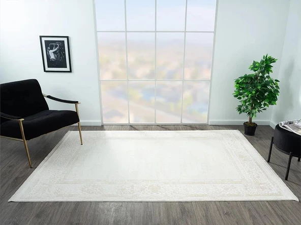 Elegance Eg002a Gri Halı Bej Detaylı Çerçeveli Modern Viskon Doğal Iplik Bambu Halı Tozu Az 116 X 180 BEJ-BEYAZ - 2