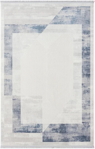 Dark Dk014m Gri Halı Mavi Geometrik Detaylı Akrilik Tozuaz Salon Halısı Yatak Odası Halısı Koridor 97 X 200 A.GRI-MAVI