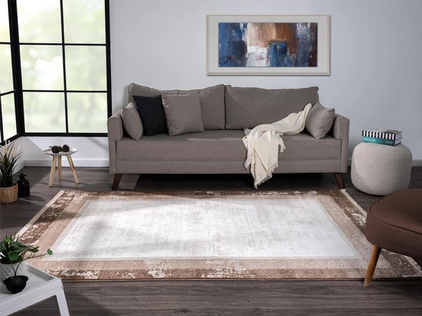 Dark Dk002a Bej Halı Kahverengi Kenar Çerçeveli Akrilik Tozuaz Modern Salon Halısı Yatak Odası 156 X 230 A.KAHVE-K.KAHVE - Resim 2