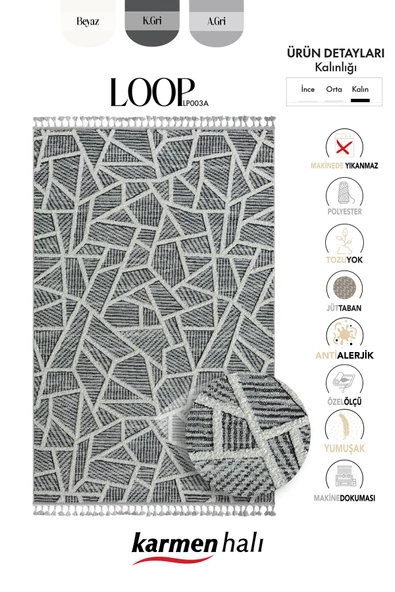 Loop Lp002a Gri Halı Dekoratif Sisal Bukle Tozsuz Antialerjik Salon Halısı Yatak Odası Iskandinav 160 X 230 GRI - Resim 6