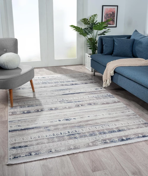 Lotus 8566 Gri Halı Lacivert Detaylı Modern Ince Akrilik Tozuaz Salon Halısı Yatak Odası Koridor 100 X 200 GRI-MAVI - Resim 2