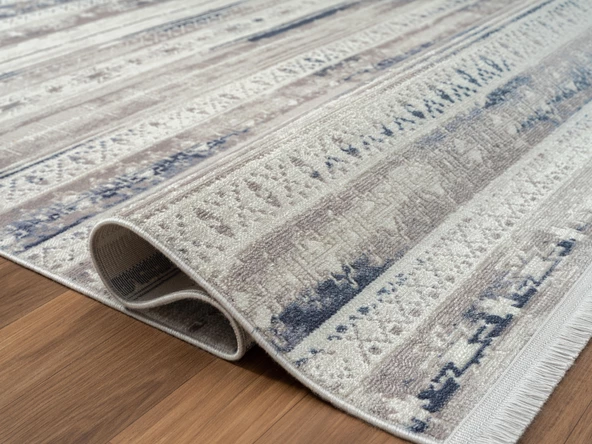 Lotus 8566 Gri Halı Lacivert Detaylı Modern Ince Akrilik Tozuaz Salon Halısı Yatak Odası Koridor 100 X 200 GRI-MAVI - Resim 4