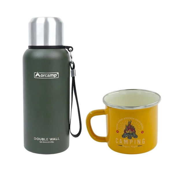 Orcamp Çelik Termos 0.50 Lt Yeşil OUT-5000+Emaye Camping 180 ml Kupa OUT-1900 Sarı ORC-066-B-S2