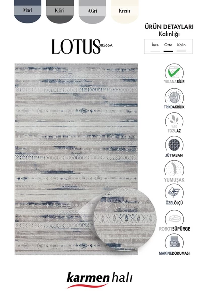 Lotus 8566 Gri Halı Lacivert Detaylı Modern Ince Akrilik Tozuaz Salon Halısı Yatak Odası Koridor 100 X 200 GRI-MAVI - Resim 6
