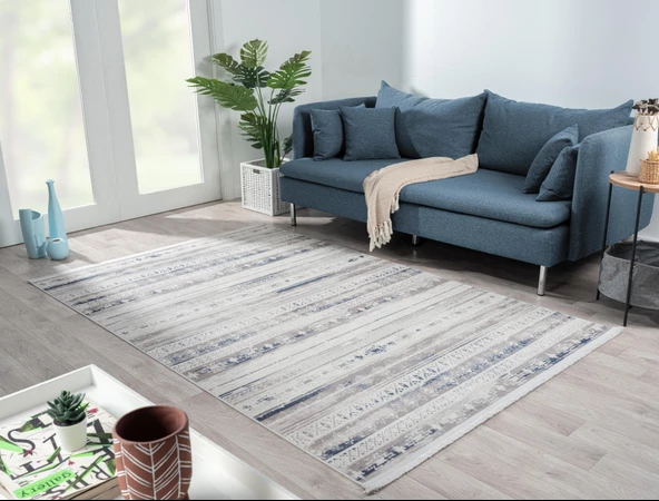 Lotus 8566 Gri Halı Lacivert Detaylı Modern Ince Akrilik Tozuaz Salon Halısı Yatak Odası Koridor 100 X 200 GRI-MAVI - Resim 3