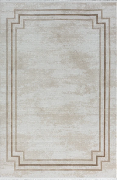 Merit Mr004a Krem Halı Kahverengi Kenar Çerçeveli Ince Yumuşak Akrilik Tozuaz Modern Salon Halısı 228 X 340 KREM