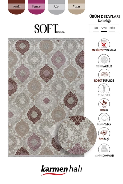 Soft 753 Gri Halı Lila Kahve Çiçek Desenli Modern Klasik Akrilik Tozuaz Salon Halısı Yatak Odası 100 X 300 GRI-MOR - 5