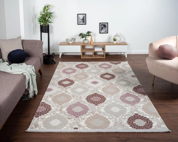 Soft 753 Gri Halı Lila Kahve Çiçek Desenli Modern Klasik Akrilik Tozuaz Salon Halısı Yatak Odası 100 X 300 GRI-MOR - 2