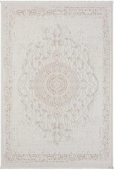 Truva TV011A Bej Vizon Detaylı Göbekli Kalın Akrilik Tozuaz Modern Salon Halısı Yatak Odası Koridor 130 X 190 KREM-VIZON