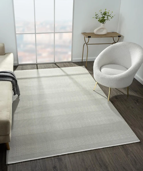 Zenith Zn007a Gri Halı Çizgi Desenli Modern Yumuşak Kadife Ince Antialerjik Salon Koridor Halısı Özel Ölçü KREM - Resim 3