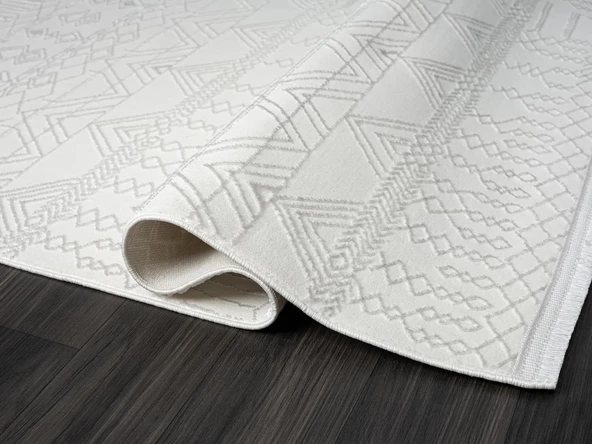 Zn010a Gri Halı Etnik Desenli Modern Parlak Yumuşak Kadife İnce Antialerjik Salon Koridor Özel Ölçü KREM - 4