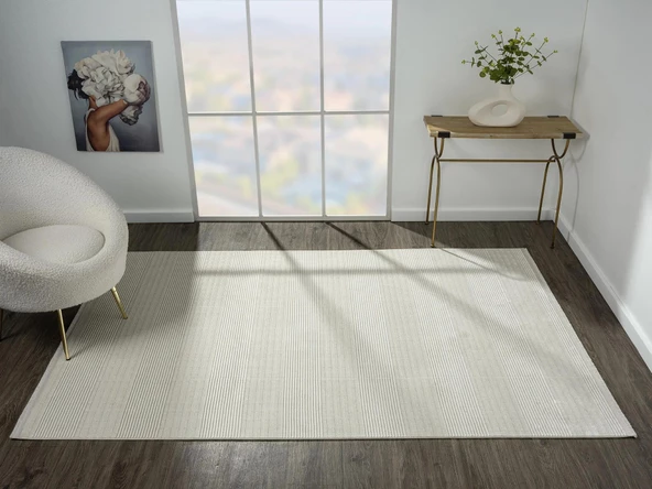 Zenith Zn007a Gri Halı Çizgi Desenli Modern Yumuşak Kadife Ince Antialerjik Salon Koridor Halısı Özel Ölçü KREM - Resim 2