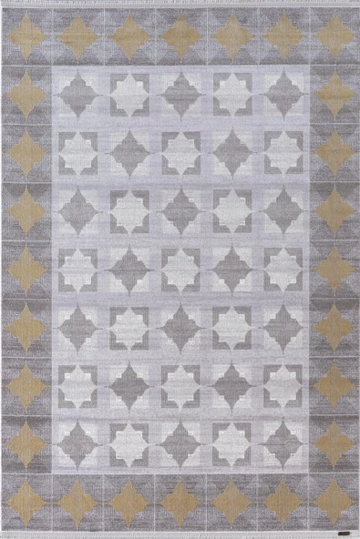 Trend TR008A Gri Halı Gold Detaylı Klasik Geometrik Desenli Akrilik Yumuşak Salon Halısı 95 X 200 GRİ