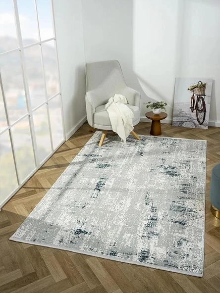 Zenith Zn008a Gri Halı Lacivert Detaylı Modern Yumuşak Kadife Ince Antialerjik Salon Koridor Halısı Özel Ölçü GRİ - Resim 3