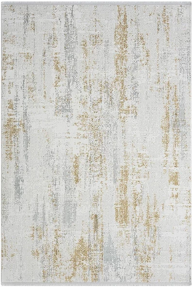 Zenith Zn011a Gri Halı Gold Detaylı Modern Yumuşak Kadife İnce Antialerjik Salon Koridor Halısı 97 X 200 KREM