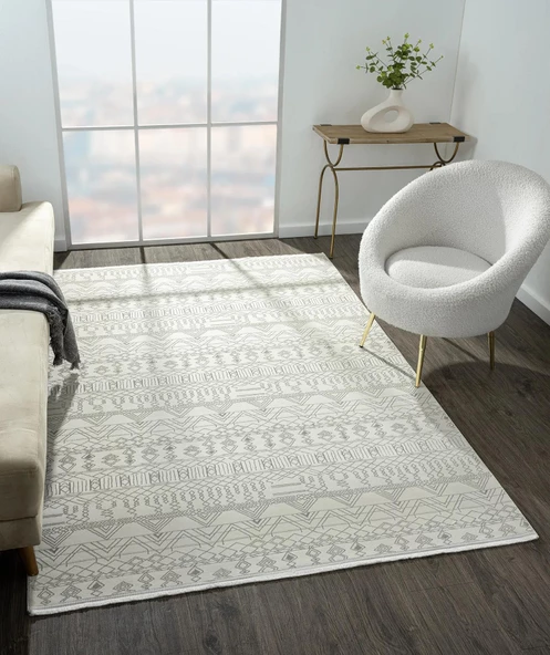 Zn010a Gri Halı Etnik Desenli Modern Parlak Yumuşak Kadife İnce Antialerjik Salon Koridor Özel Ölçü KREM - 3
