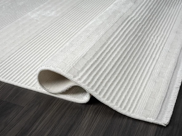 Zenith Zn007a Gri Halı Çizgi Desenli Modern Yumuşak Kadife Ince Antialerjik Salon Koridor Halısı Özel Ölçü KREM - Resim 4