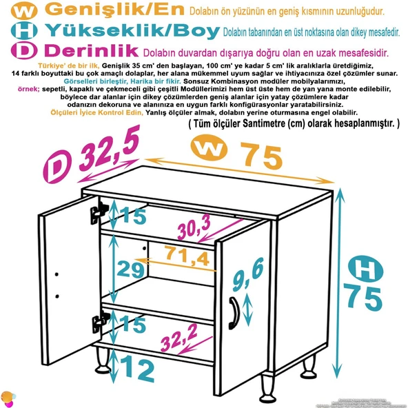 Modilayn SÖKE Küçük Alanlar İçin Akıllı Çözümler 75x75x32,5 cm’ lik 2 Kapaklı 3 Göz Raf Dolap - 4