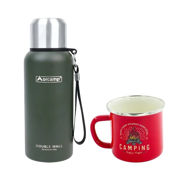 Orcamp Çelik Termos 0.50 Lt Yeşil OUT-5000+Emaye Camping 180 ml Kupa OUT-1900 Kırmızı ORC-066-B-K2