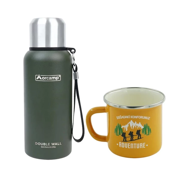 Orcamp Çelik Termos 0.50 Lt Yeşil OUT-5000+Emaye Adventure 180 ml Kupa OUT-1900 Sarı ORC-066-B-S1