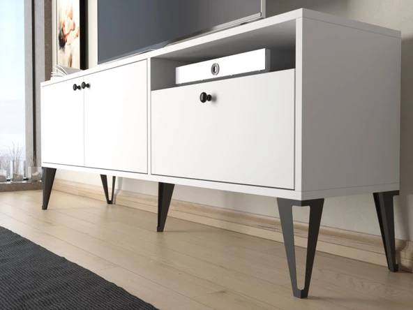 Wood'n Love Atoka 160 Cm Metal Ayaklı Dolaplı, Minifiks Bağlantı Tv Ünitesi - Beyaz / Siyah - 4