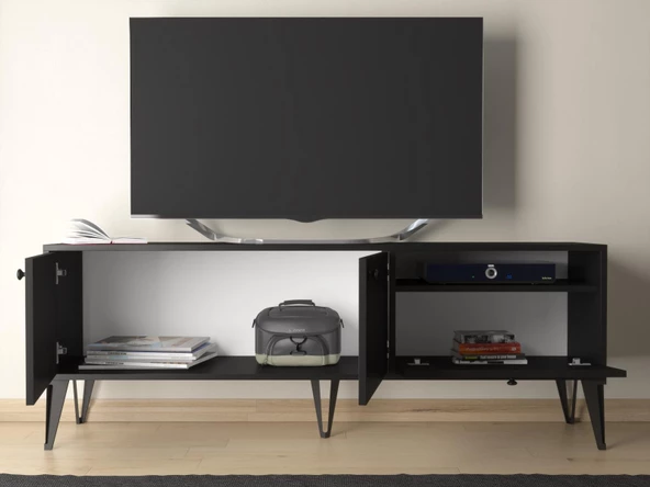 Wood'n Love Atoka 160 Cm Metal Ayaklı Dolaplı, Minifiks Bağlantı Tv Ünitesi - Siyah / Siyah - 5