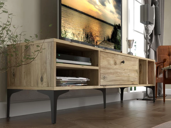 Wood'n Love Milan Tv Ünitesi Minifiks Bağlantı , Dolap Metal Ayak - Atlantik Çam / Siyah - 5