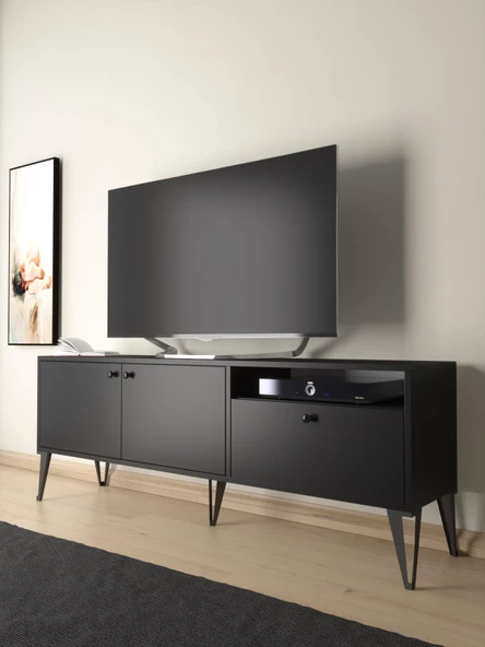 Wood'n Love Atoka 160 Cm Metal Ayaklı Dolaplı, Minifiks Bağlantı Tv Ünitesi - Siyah / Siyah - 1