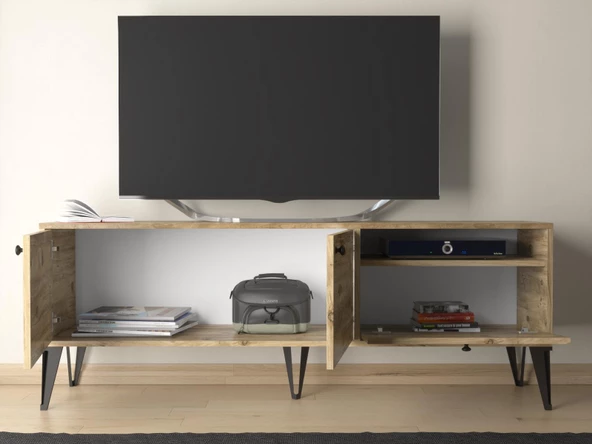 Wood'n Love Atoka 160 Cm Metal Ayaklı Dolaplı, Minifiks Bağlantı Tv Ünitesi - Atlantik Çam / Siyah - 5