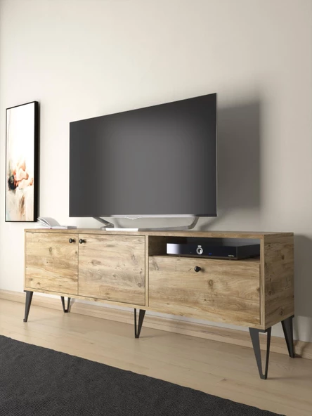 Wood'n Love Atoka 160 Cm Metal Ayaklı Dolaplı, Minifiks Bağlantı Tv Ünitesi - Atlantik Çam / Siyah