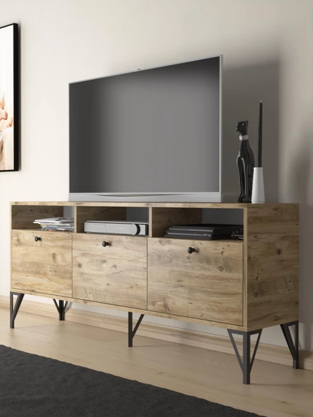 Wood'n Love Rhea 160 Cm Dolaplı, Minifiks Bağlantı, Geniş Tv Ünitesi - Konsol - Atlantik Çam / Siyah