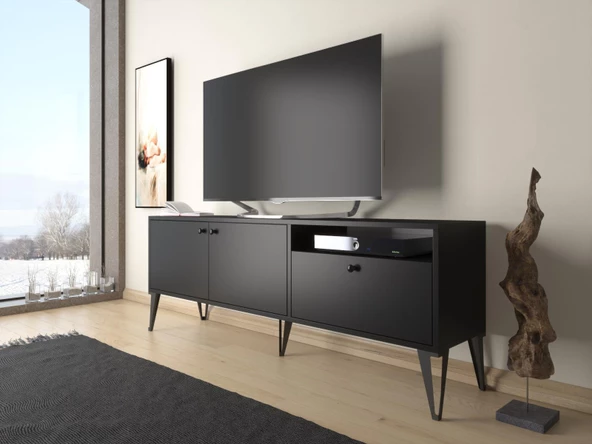 Wood'n Love Atoka 160 Cm Metal Ayaklı Dolaplı, Minifiks Bağlantı Tv Ünitesi - Siyah / Siyah - 3