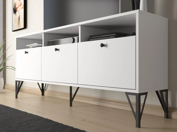 Wood'n Love Rhea 160 Cm Dolaplı, Minifiks Bağlantı, Geniş Tv Ünitesi - Konsol - Beyaz / Siyah - 4